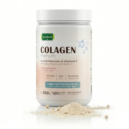 Qualuca® Kollagen Hydrolysiertes Pulver Typ I mit Hyaluronsäure und Vitamin C | 300 g | 100 Portionen | Himbeer-Geschmack