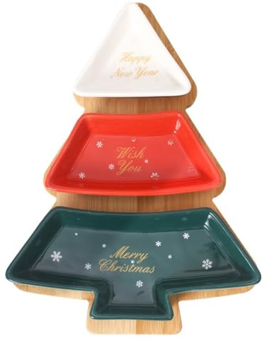 Nordic Christmas Tree Shaped Ceramic Serving Tray Set, 3 compartment Holiday Snack Plate with Bamboo Base, Green Red and White, Festive Home Decor