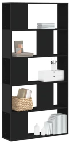 WEMYUFURN Bücherregal 5 Böden Schwarz 80,5x23,5x162,5 cm Holzwerkstoff mit Trennwänden und Wandhalterung – Stabiles Raumteiler Regal für Zuhause und Büro