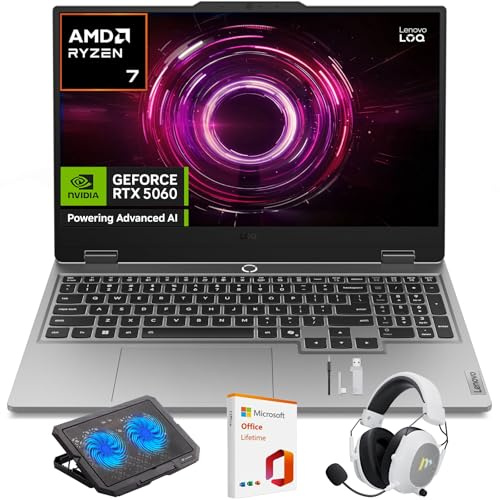 Lenovo LOQ Gaming Laptop, 15.6 FHD 144Hz Display, AMD Ryzen 7 250, NVIDIA GeForce RTX 5060, 16GB RAM, 512GB SSD, Wi-Fi 6, Backlit Keyboard, Win 11 Home, Luna Grey, w/Mytrix Accessory Lifetime Office