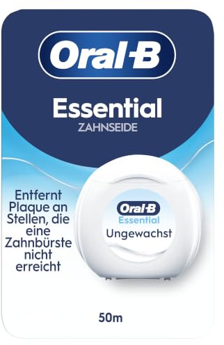 Oral-B Essential Zahnseide, Ungewachst und Geschmacksneutral, 50m | Einfache Zahnzwischenraumreinigung, für enge Zwischenräume und schwer erreichbare Stellen, reduziert Plaque