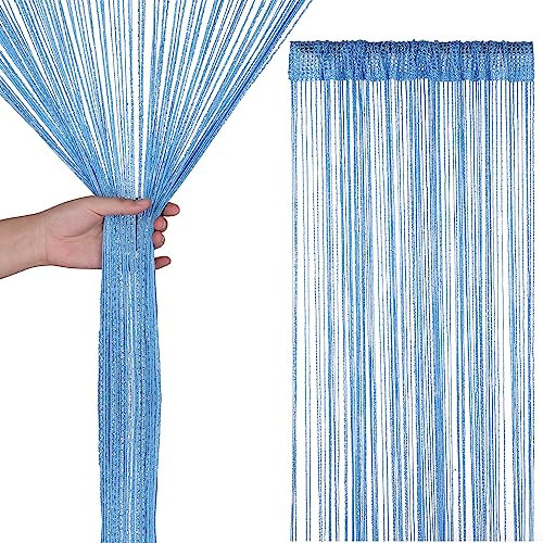 Trimming Shop String Curtains Glitter Fringe Panel Fly Screen Doorway Curtain Closet Window Doors Sequin Sheer Room Divider Tassel for Doorway, Windows, Home Decoration, 200cm x 90cm, Sky Blue