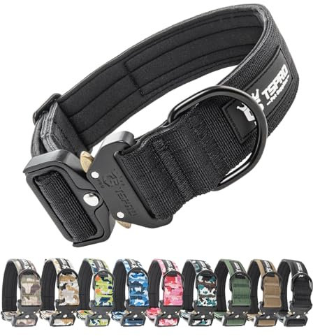 TSPRO Premium Hundehalsband mit Patch Dickes Verstellbares Taktisches Hundehalsband Schwere Ausführung Schnellverschluss Metallschnalle für Mittelgroße bis Große Hunde (Schwarz L)