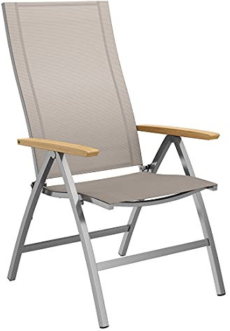 OUTLIV. Oviedo Klappsessel, Gartensessel aus Edelstahl und Textilene mit Teak-Armlehnen für Ihren Garten, Balkon oder Camping in Taupe