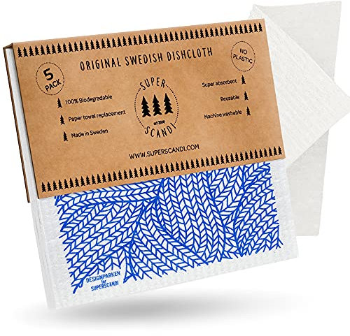 SUPERSCANDI 5 Piezas Paños de Cocina - 100% Biodegradables y Compostables | Trapos de Cocina Reutilizables, Aptos para Alimentos y Sin Plástico | Bayetas para Todas Las Superficies, Tricot Azul