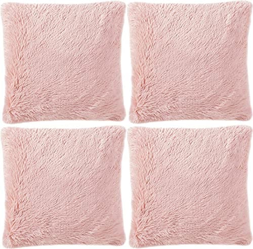 Adore 4 x Long Pile Super Soft and Cuddly Shaggy 17x17 (43x43cm) Cushion Cover, Blush Pink