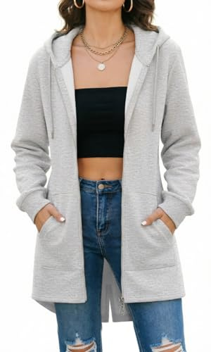 CMTOP Sweatjacke Frau Sweater Jacken Damen Winterlich Kapuzenjacken Hooded Jacket Sweatshirts mit Seitentaschen Fleecejacken Zipper Pulli Hellgrau XL