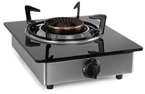 Hornillo a gas, cuerpo INOX y superficie de cristal templado negro (7mm). Combustible: Gas butano o gas propano. Apto para uso interior-exterior.