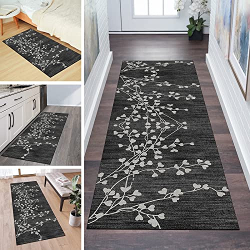 QQrunner Läufer Teppich Flur rutschfest 50x250CM Küchenteppich Vintage Schwarz Waschbar Meterware Schlafzimmer Korridor Teppichläufer Lang, Länge Anpassbare, 40-120cm Breit