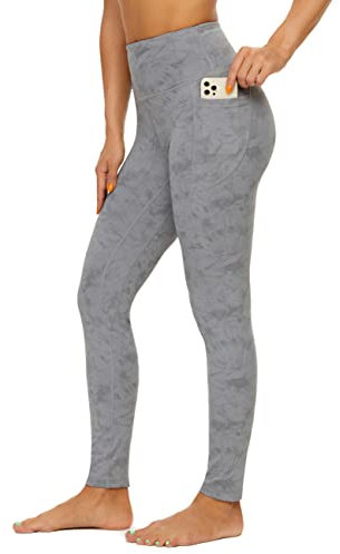 AMYTIS Damen Sport Leggings Yogahose High Waist mit Taschen Fitness Stretch Blickdicht Lang Gym Handytasche, Light Grey, S