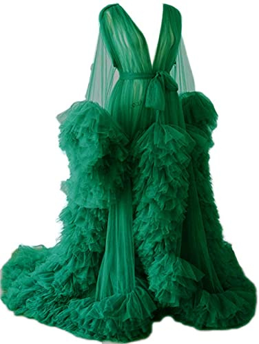 KURFACE Tulle Robe Dress for Women Long Puffy Sleeves Lingerie Dressing Gown Robes for Maternity Photoshoot Dark Green UK16