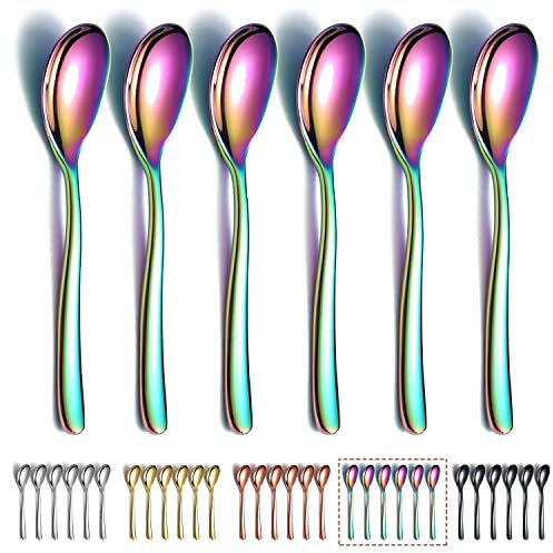 Rainbow Teaspoons 6 Pieces, Kyraton 14cm Stainless Steel Titanium Plating Rainbow Coffee Spoons Espresso Spoons, Dessert Spoons Tea Spoons, Small Mini Spoons Set for Parties, Dishwasher Safe