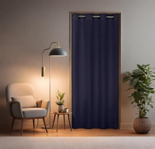 tinycurtains, Türvorhang mit Vorhangstange & Magneten zum Abdichten, einfache Montage ohne Bohren in 1 Min (195 x 150 cm blau + Stange Silber 55-90 cm + 6 Magnete)