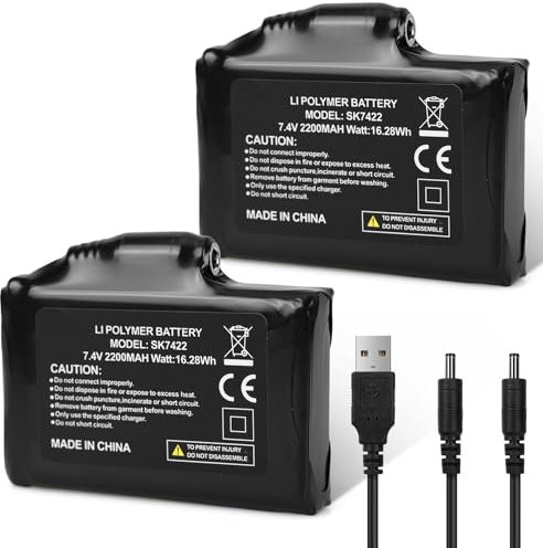 Dr.warm 2pcs Rechargeable Lithium Polymer Batteries 7.4V with Charging Cable for Heated Gloves Heated Socks and Heated Insoles (2200mAh)