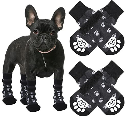 Cobee Anti Rutsch Hundesocken, 4 Stück, weiche Hundegriffsocken mit Riemen Traktionskontrolle Verstellbarer Pfotenschutz für kleine und mittelgroße Hunde (Größe L, Schwarz)