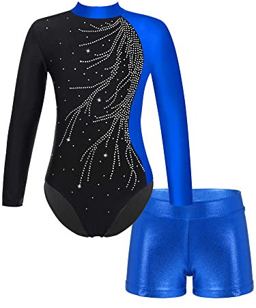 iEFiEL 2PCS Mädchen Glitzer Turnanzug Leotard mit Strasssteine Gymnastik Anzug Langarm Ballett Trikot Kleidung Tanzkostüm Set Ue Blau 134-140
