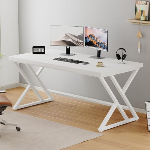 LVB White Computer Desk, Modern Wood Home Office Desk for PC Writing Work, Metal Wooden Executive Workstation Student Simple Desk, Computer Study Gaming Bedroom Table, 55 Inch, White Oak