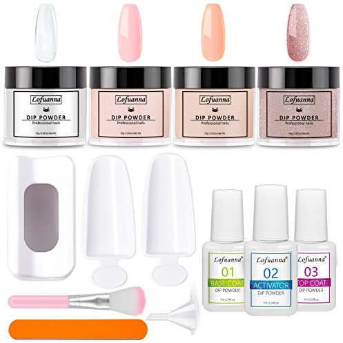 Lofuanna Dip Powder Nail Kit Starter-4 Colors Clear Pink Nude Glitter Pink Dipping Powder with Base&Top Coat&Activator,No UV/LED Needed,All-in-One DIY French Nail Art Manicure Set for Beginners