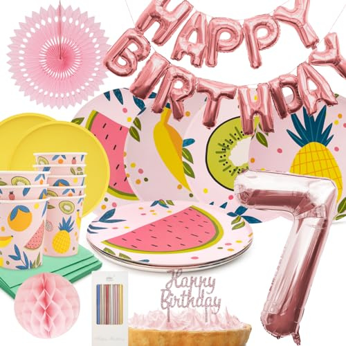 PARTY PARTY 73 Teile Geburtstag Sommer Partygeschirr 7. Geburtstag rosa Deko, 8 Gäste (Becher, Teller, Servietten, Tortendeko, Folienballons, Girlande, Wabenball) Kindergeburtstag Mädchen