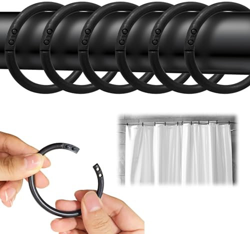 UTEFIF Lot de 24 anneaux de rideau de douche en plastique noirs, adaptés à la plupart des tringles à rideaux de douche