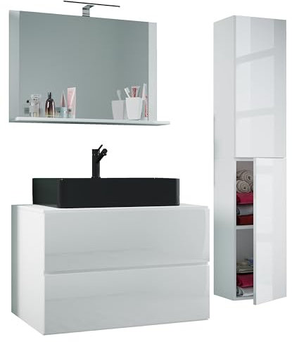 VCM 4-TLG. Waschplatz Waschtisch | schwarzes Waschbecken Unterschrank Breite 60 cm | Badmöbel Set mit Schubladen Drehtüren Spiegel | Lendas S BL