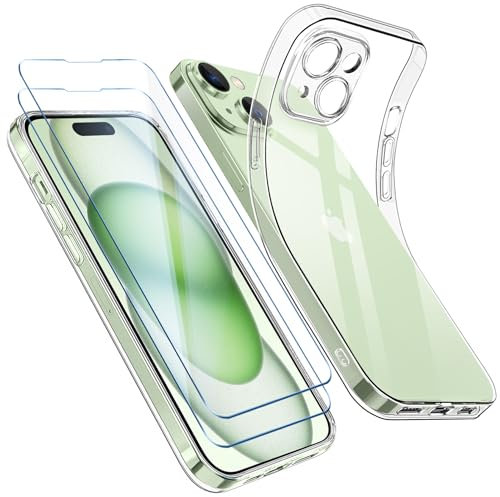 Qasyfanc Coque Protection Caméra Compatible avec Coque iPhone 15 et 2 Pièces Verre Trempé, Étui iPhone 15 Souple Silicone Anti-Jaune Ultra Mince Housse, Trasparente