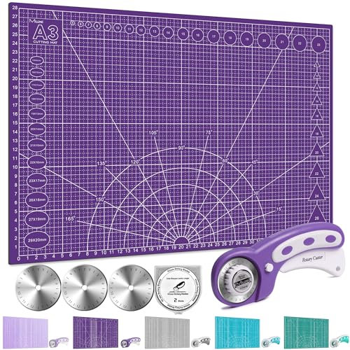 Miuzei A3 A2 Schneidematte mit Rollschneider und Ersatzklingen, Selbstheilende Handwerksunterlage Lila, Nähzubehör, Stoffschneider-Set, Cutting Mat,Schreibtischunterlage zum Basteln Schneiden,Malen.
