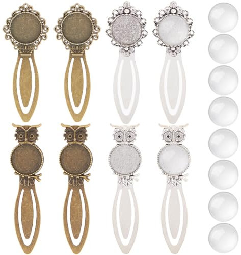 SUNNYCLUE 16 Stück DIY 8 Sets Vintage Lesezeichen Metall Lesezeichen Clips Natürliche Getrocknete Blumen Glas Cabochons Buchseitenmarkierungen Lesezeichen Lünettenrohlinge Tablett Antik Bronze Silber