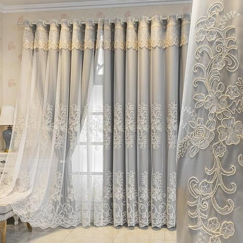 Verdunkelungs Vorhang Doppelschichtiger Verdunkelungsvorhang,Doppelschichtige Verdunklungsvorhänge aus Voile mit weißer Spitzenstickerei,Ösenvorhänge für das Wohnzimmer,Wärmedämmender Vorhang,1 S
