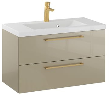 Furni Rosen 80 cm Hängend Waschbecken mit Unterschrank und Gebürsteten Goldenen Griffen Waschbeckenunterschrank Badezimmer Waschtisch mit Unterschrank Waschtischunterschrank
