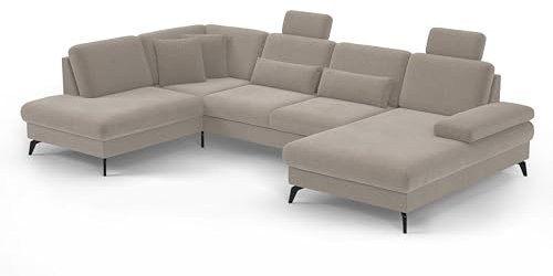 Cavadore Wohnlandschaft Moritz / Sofalandschaft mit Longchair, Bett, Bettkasten, Sitztiefenverstellung, Kopfstützen und mattschwarzen Metallfüßen / 212 x 82-107 x 335 / Flachgewebe, Beige