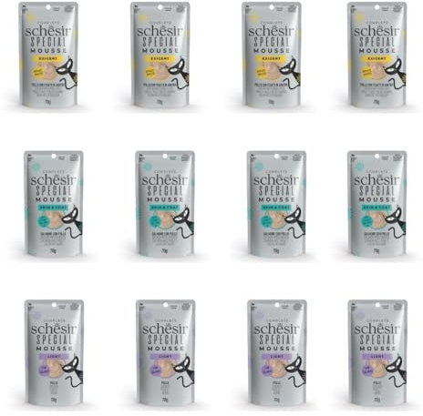 Schesir Special Nassfutter für anspruchsvolle Katzen, 12 x 70 g (4 x Skin&Coat Lachs mit Huhn, 4 x Hähnchen mit Entenleber)