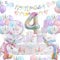 YIMAKJ Juego de vajilla con diseño de unicornio para fiesta de cumpleaños de 4 años – Globos, Platos de cartón, toallas, mantel – Decoración infantil