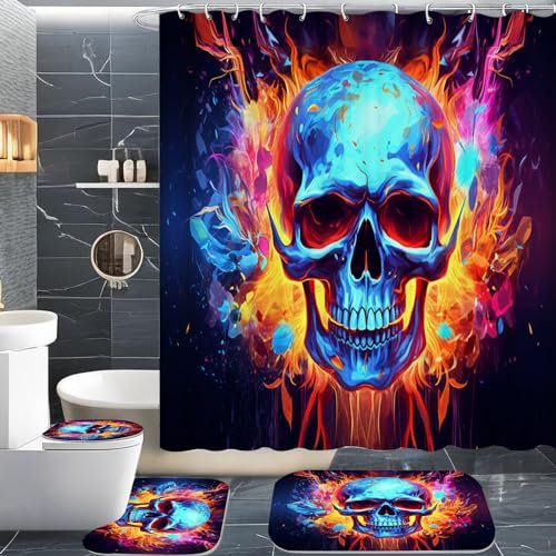 CHEFFS Totenkopf Duschvorhang 180 x 200 180 x 180 Totenkopf Rose Skull Gothic Duschvorhänge Polyeste Skull Halloween Skelett Duschvorhang Badezimmermatte 4-teiliges Set (180 x 180 cm(BxH),7)