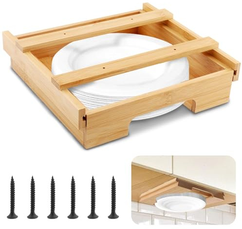 10 Paper Plate Dispenser,Under Cabinet Bamboo Plates Holder,Kitchen Counter Vertical Plate Dipensers Holders,Paper Plate Organizer for 10 Round and Square Paper Plates