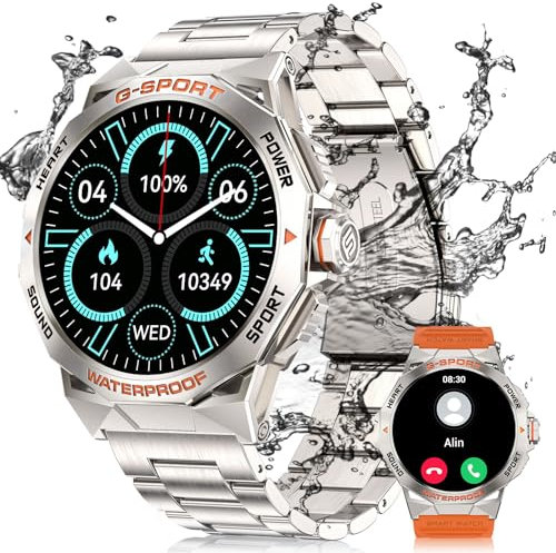 Smartwatch Herren mit Telefonfunktion/Sprachassistent,1,43'' AMOLED-Smartwatch Militär,120+ Sportmodi,Uhren Herren mit 24/7Herzfrequenz,SpO2,Schlafmonitor,400 mAh Akku,IP68 Wasserdicht,für Android iOS