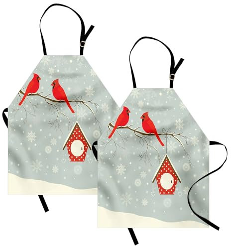 Lunarable Cardinal Apron Pack of 2, Birdhouse and Red Cardinals on a Tree Branch on a Snowy Night, Unisex Kitchen Bib with Adjustable Neck, 2 Pcs - Adult Size, Green Vermilion