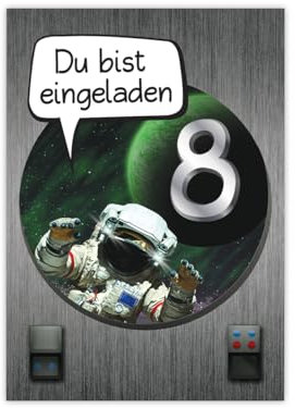 JuNa-Experten 12 Einladungskarten zum 8. Kindergeburtstag Jungen Astronaut Space Rakete Einladungen achte Geburtstag