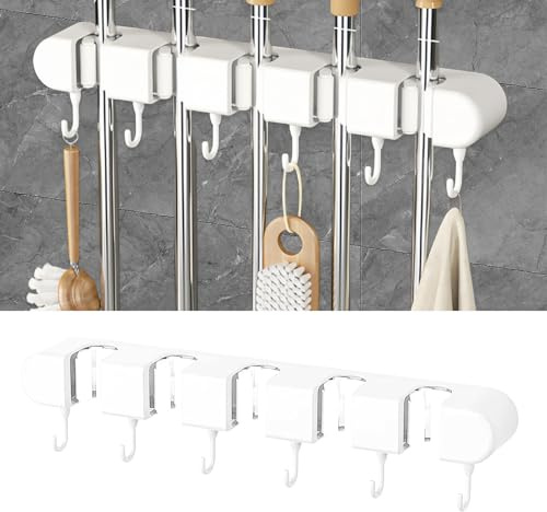 Accroche Balai Mural, 5 Supports 6 Crochets Porte Balais Mural, Support Balais Mural Attache, Rangement Accroche Balai Porte Balais Mural Sans Percage, Crochet Garage Organisation Balai Cuisine