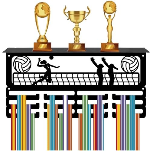 CREATCABIN Volleyball Medaillenhalter Trophäenregal Mit 12 Haken Sport Medaillenaufhänger Metall Zur Wandmontage Für 60+ Medaillen Bänder Organizer Gestell Mit Ablage Für Preisverleihungen 40x20x10cm
