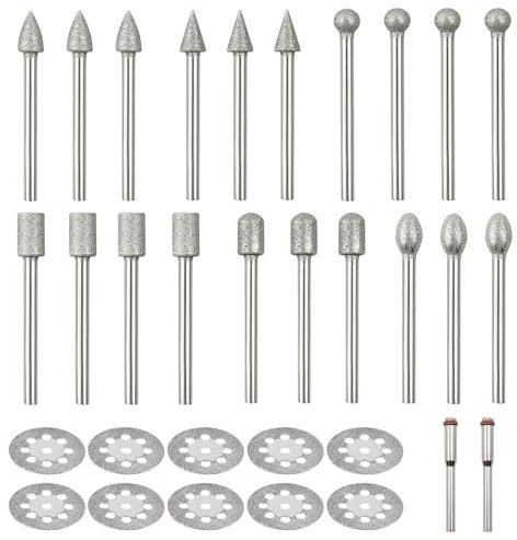 Yuiturt Lot de 32 forets diamantés compatibles avec les accessoires Dremel, outils rotatifs de polissage avec roue de coupe à tige de 3 mm pour gravure, pierre, verre et sculpture de bijoux