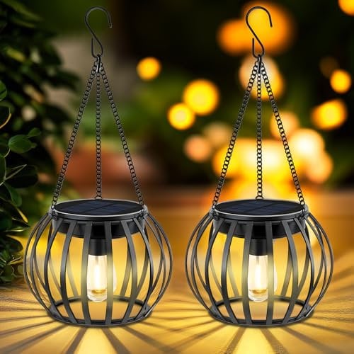 Ulikey Lanterne Solari da Esterno, 2 Pezzi Lampada Solare da Giardino con Gancio e Catena, IP65 Impermeabile Lampada da Esterno per Terrazza Prato Balcone Decorazione Giardino