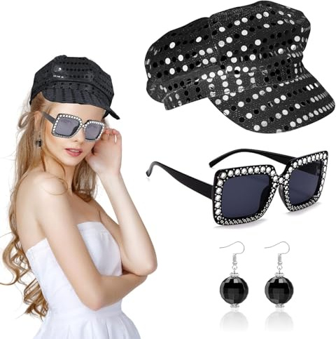 UILYNIU 3 Stück 70er Jahre Schwarz Disco Hut für Erwachsene Pailletten Hut Abba Hut Abba Zubehör Ohrringe Quadratisch Bling Sonnenbrille Retro Disco Fancy Dress Up Frauen Thema Party Geburtstag Tanz