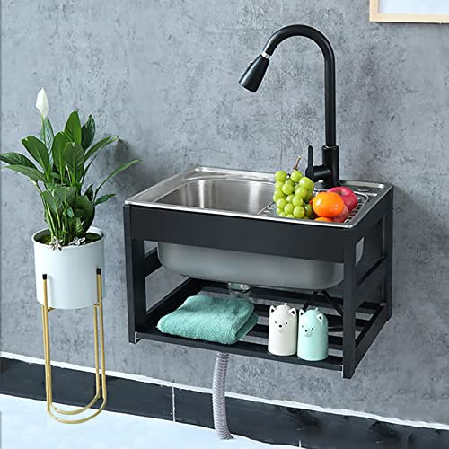WOTZOV Évier à cuve Simple, Mini éviers muraux en Acier Inoxydable, Station de Lavage des Mains Portable avec Robinet extractible et Support, pour Garage, Jardin, Cuisine,37x32cm