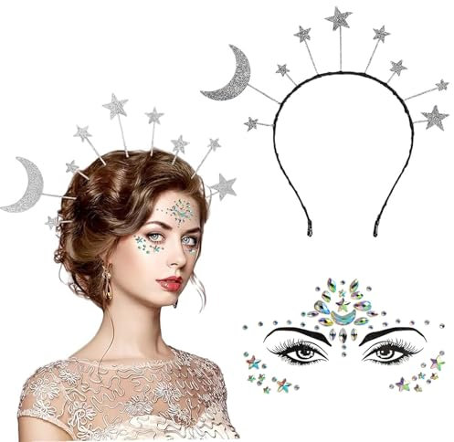 FAINCA Glitzersteine Selbstklebend Haarschmuck Glitzer Sterne Mond-Design Kopfschmuck Sterne mit Glitzersteine Gesicht Sticker Strasssteine Haarreifen Damen Glitzer Gesicht für Karneval Party Make-up