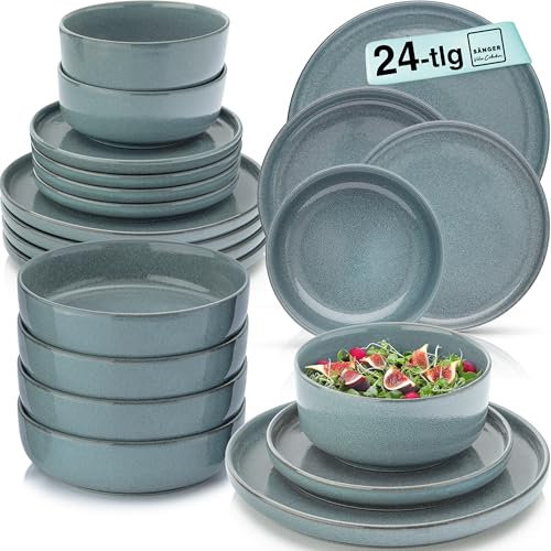SÄNGER Kairo Ocean | Tafelservice 24 tlg, Steingut Geschirr Set 6 Personen, 6x Speiseteller 6x Dessertteller 6x Pastaschalen 6x Schalen Geschirrset & Schale blau, Teller Set VALUE COLLECTION