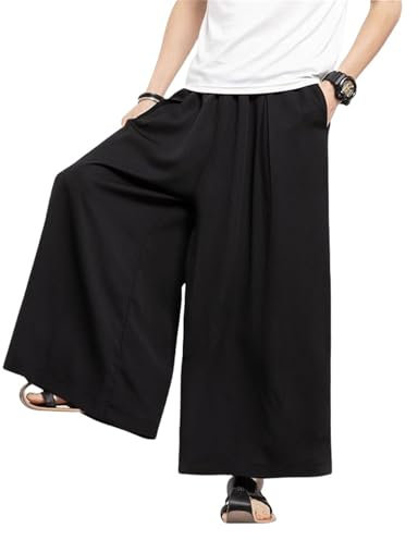 Generisch Pantalones de ocio para hombre, pantalones japoneses Hakama con pierna ancha y cintura elástica, pantalones ligeros, corte relajado, Negro , XXL