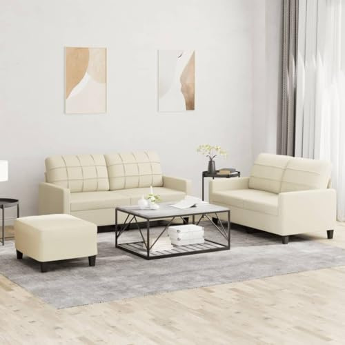 3-teiliges Sofa-Set aus Kunstleder, cremefarben, mit Kissen, Ecksofa für Wohnzimmer, mit robuster Struktur und Fußstütze, Schaumstoffpolsterung für maximalen Komfort