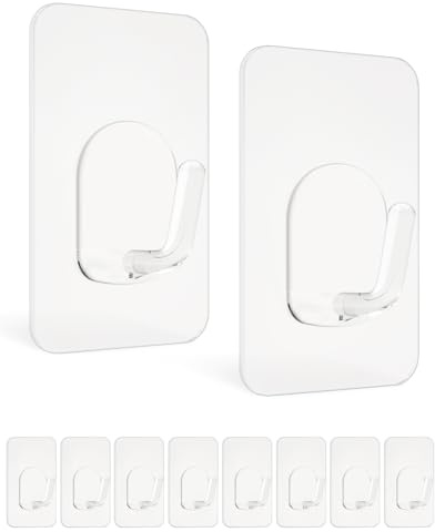 BYSMAH Self Adhesive Hooks, 10 Pack Strong Sticky Wall Hooks Clear | Rustproof Stick on Hooks for Hanging, Kitchen, Bathroom, Keys, Utensils & Home Decor No Drilling