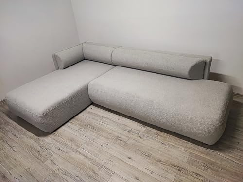 DMSM Cloud Mini Ecksofa mit Schlaffunktion, Beige Bouclé-Stoff, 289x187 cm, mit Bettkasten und Wellenfedern, Liegefläche 127x242 cm (Mit Armlehne Links)
